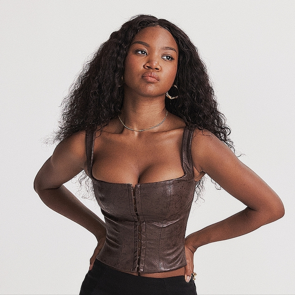 NWT House of CB Pia Brown Vegan Leather Corset Top L